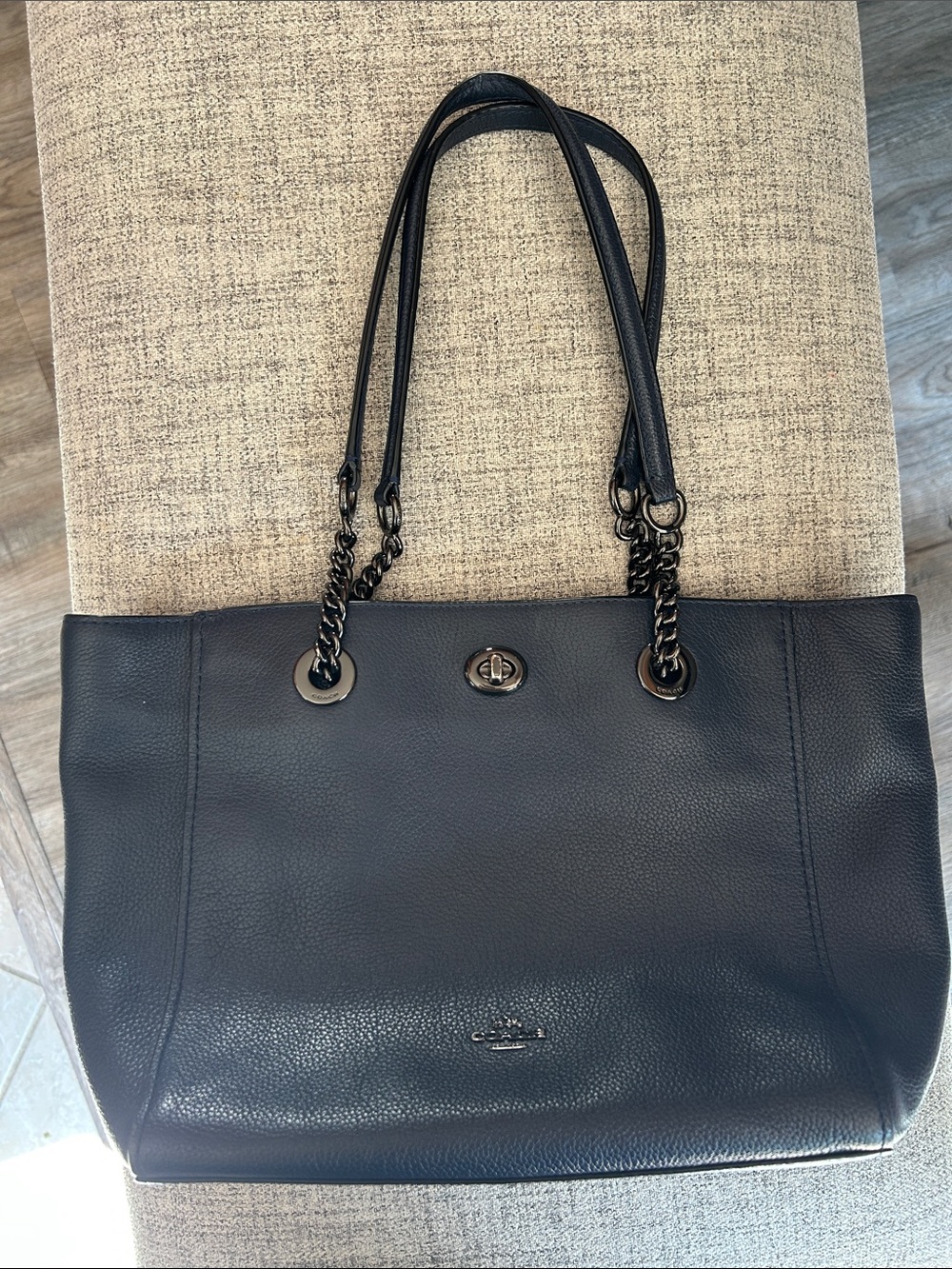 Coach Navy Pebbled Leather Chain-Handle Tote